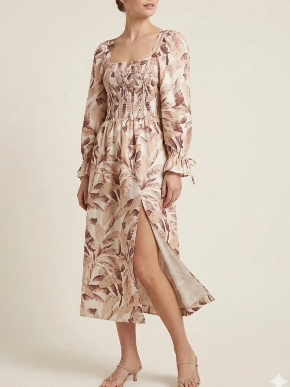 House of Harlow 1960 Linen Blend Floral Front Slit Puff Sleeve Midi Dress Size S